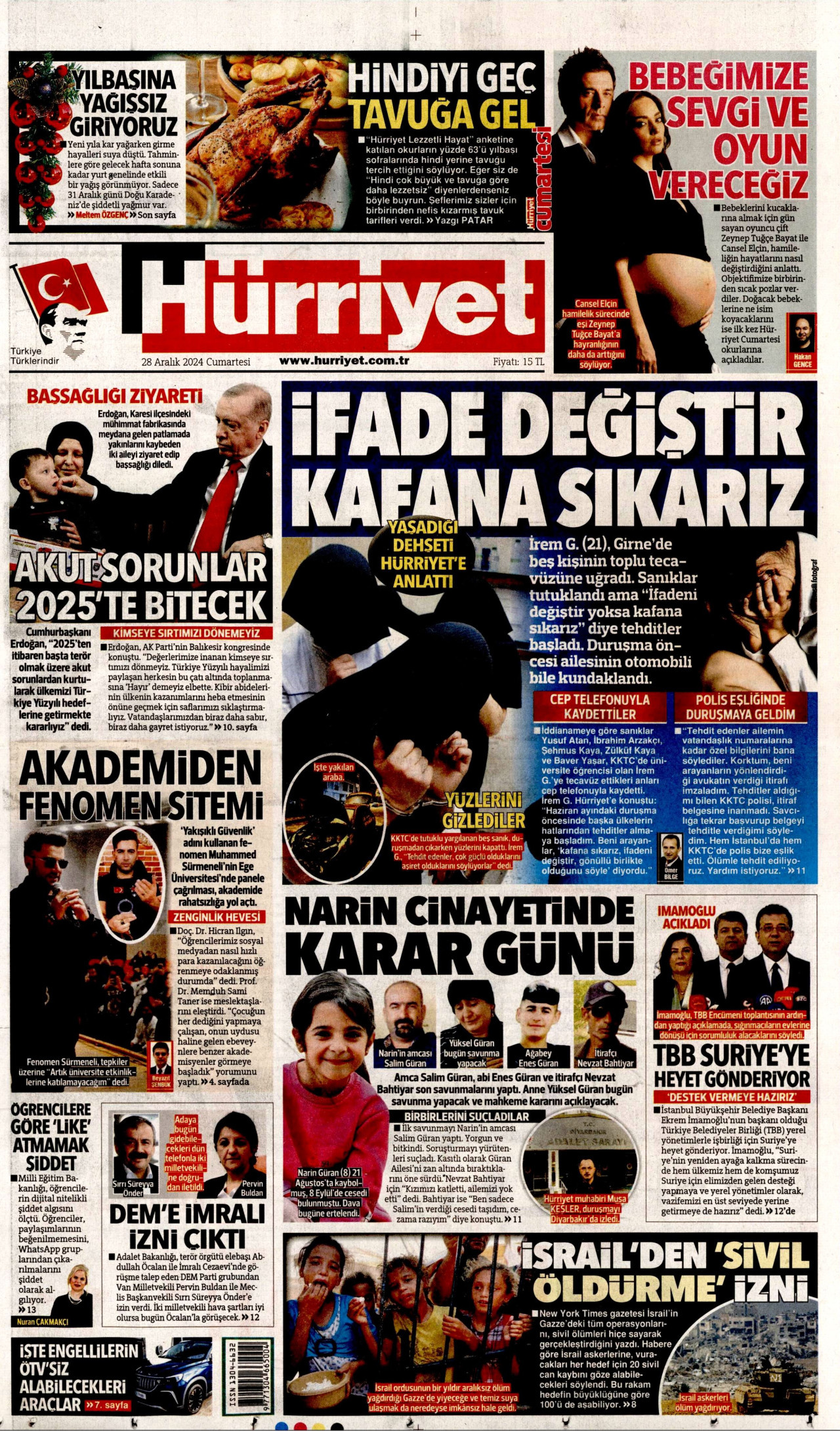 HÜRRİYET 28 Aralık 2024 Gazete Manşeti Büyük