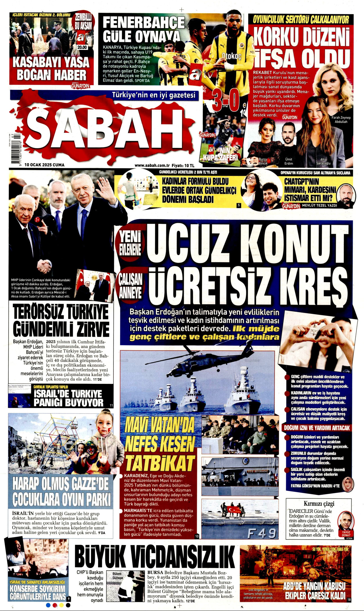 SABAH 10 Ocak 2025 Gazete Manşeti Büyük